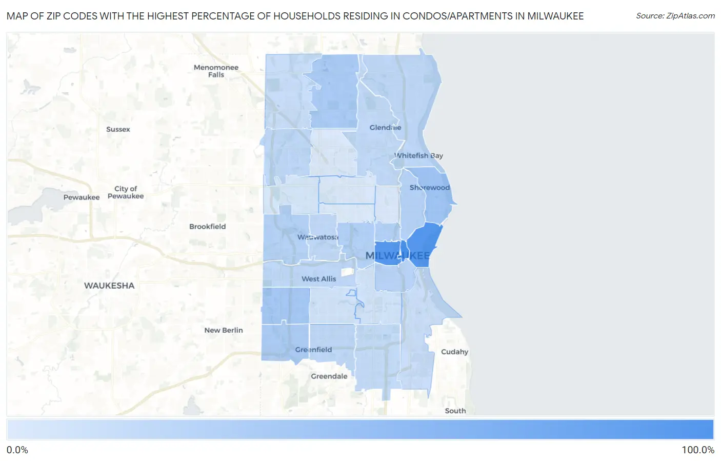 Zip Codes with the Highest Percentage of Households Residing in Condos/Apartments in Milwaukee Map