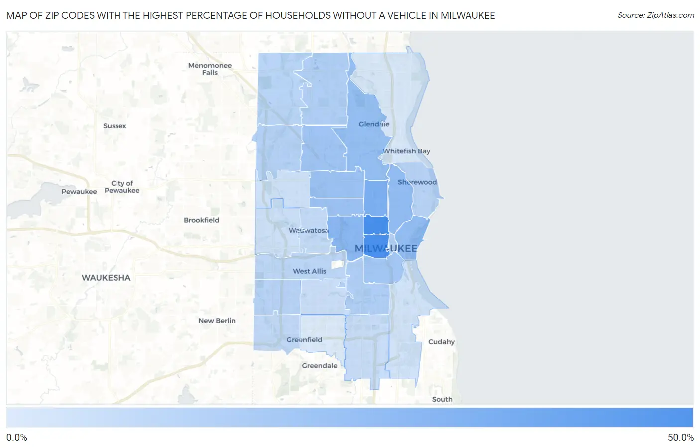 Zip Codes with the Highest Percentage of Households Without a Vehicle in Milwaukee Map