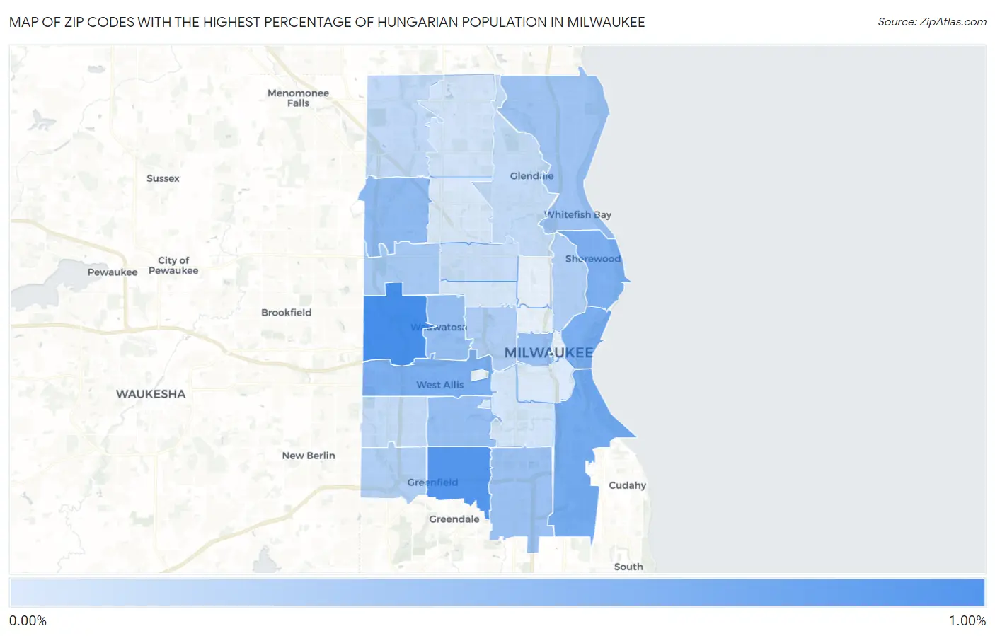 Zip Codes with the Highest Percentage of Hungarian Population in Milwaukee Map