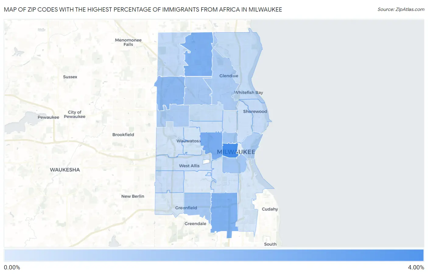 Zip Codes with the Highest Percentage of Immigrants from Africa in Milwaukee Map