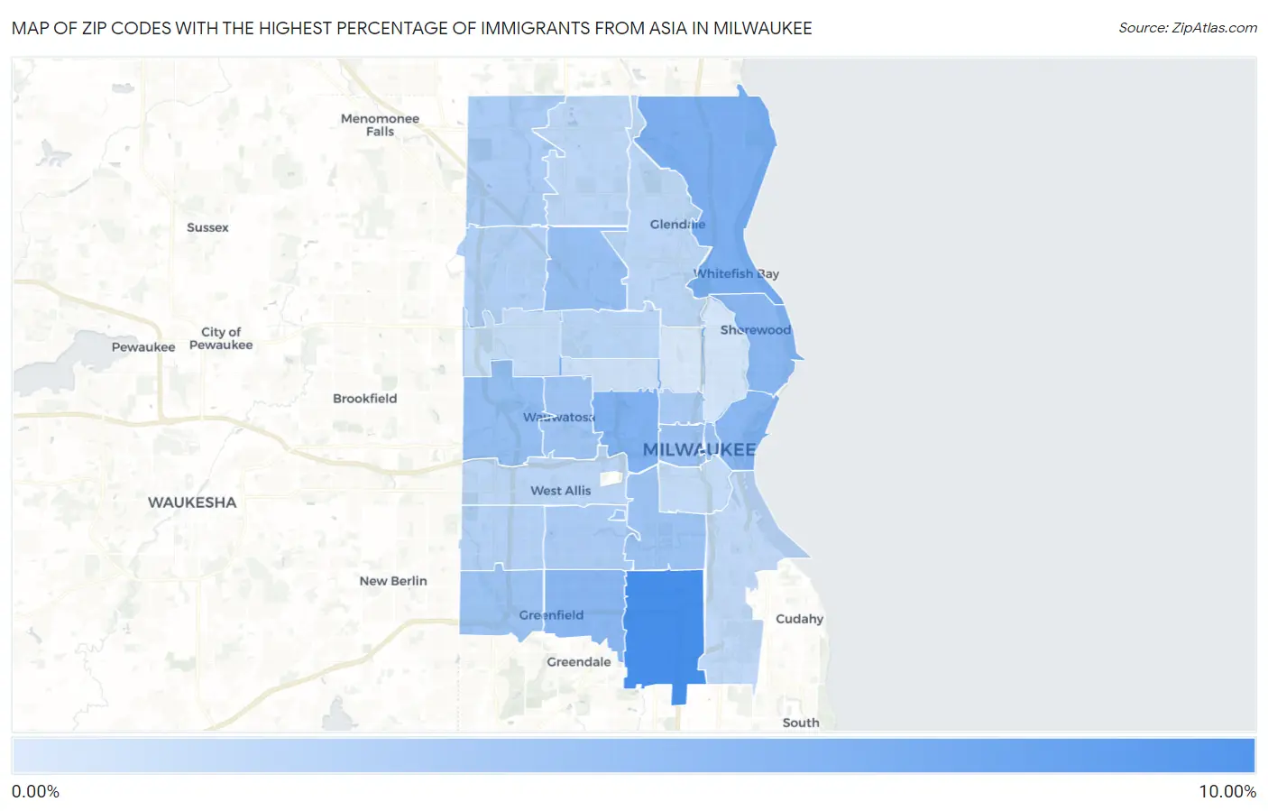 Zip Codes with the Highest Percentage of Immigrants from Asia in Milwaukee Map