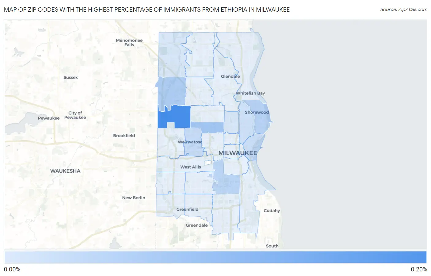Zip Codes with the Highest Percentage of Immigrants from Ethiopia in Milwaukee Map