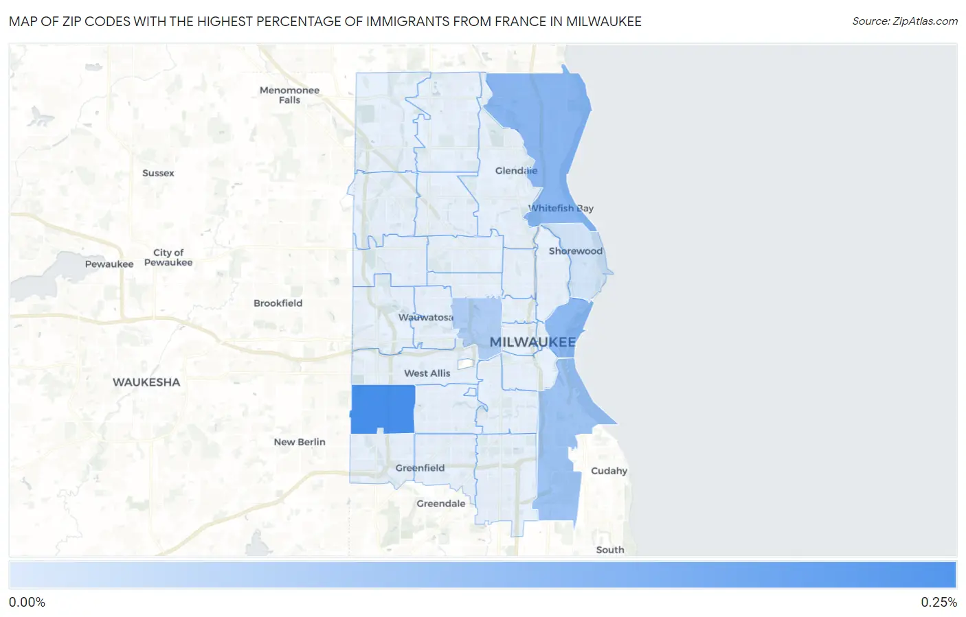 Zip Codes with the Highest Percentage of Immigrants from France in Milwaukee Map