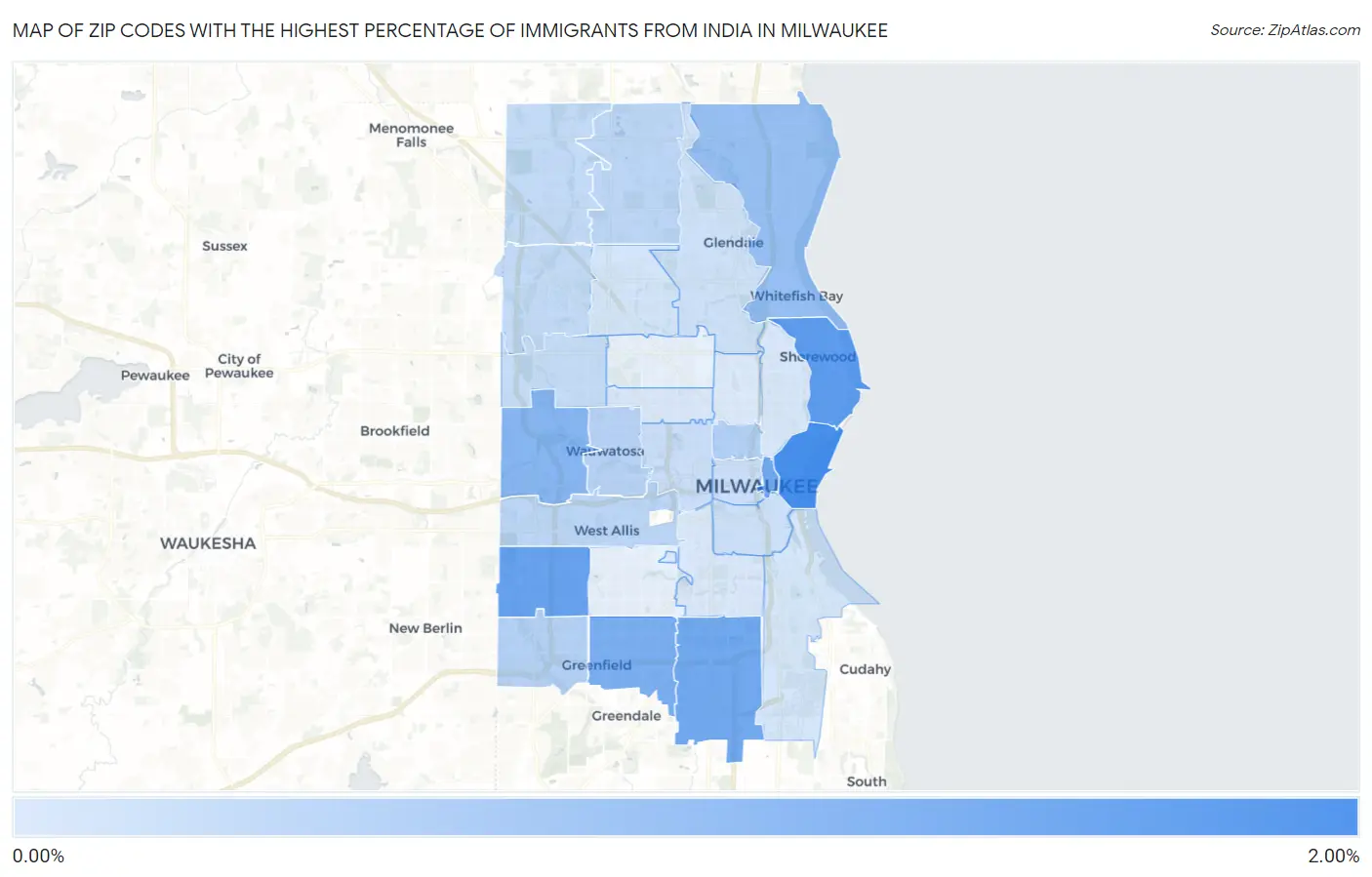Zip Codes with the Highest Percentage of Immigrants from India in Milwaukee Map