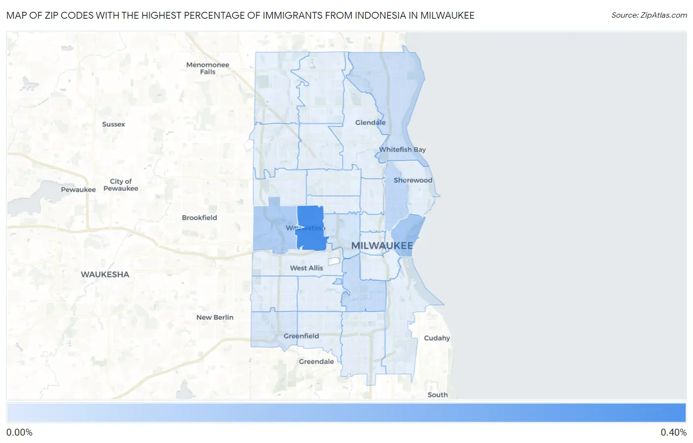 Zip Codes with the Highest Percentage of Immigrants from Indonesia in Milwaukee Map