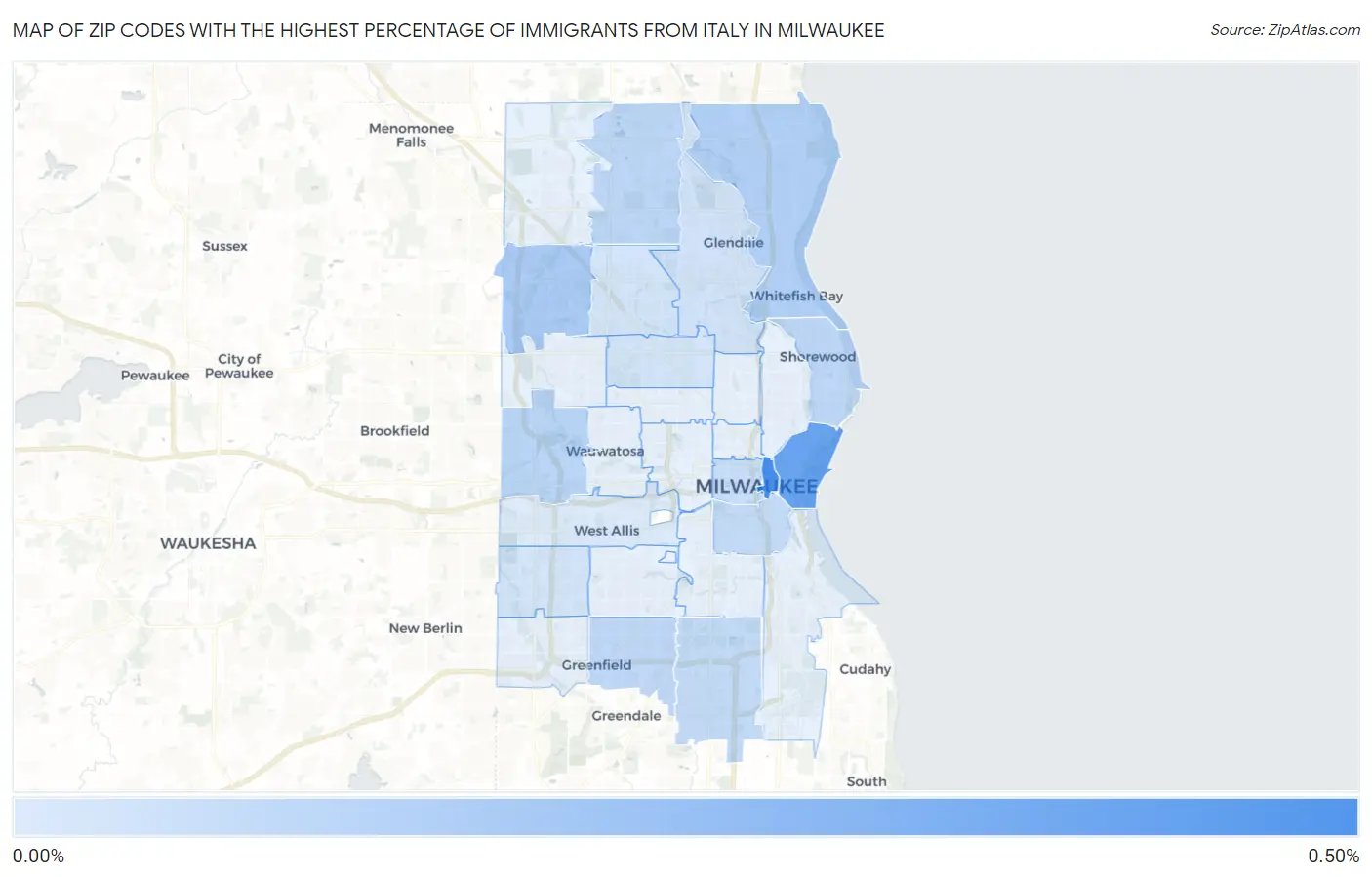 Zip Codes with the Highest Percentage of Immigrants from Italy in Milwaukee Map