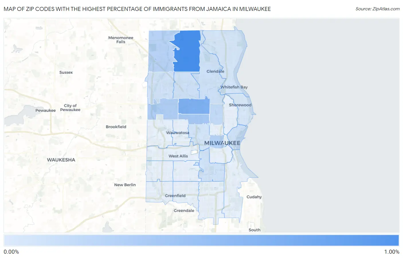 Zip Codes with the Highest Percentage of Immigrants from Jamaica in Milwaukee Map