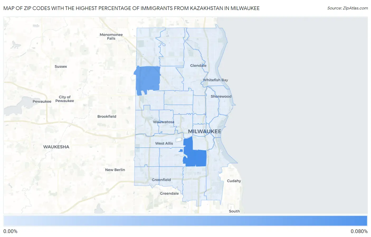 Zip Codes with the Highest Percentage of Immigrants from Kazakhstan in Milwaukee Map
