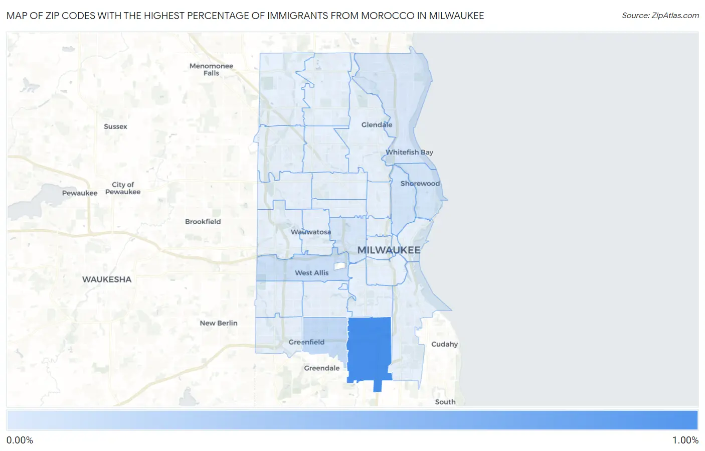 Zip Codes with the Highest Percentage of Immigrants from Morocco in Milwaukee Map