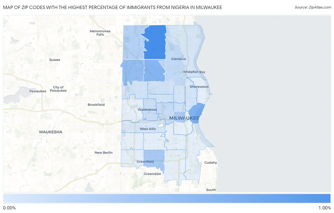 Zip Codes with the Highest Percentage of Immigrants from Nigeria in Milwaukee Map