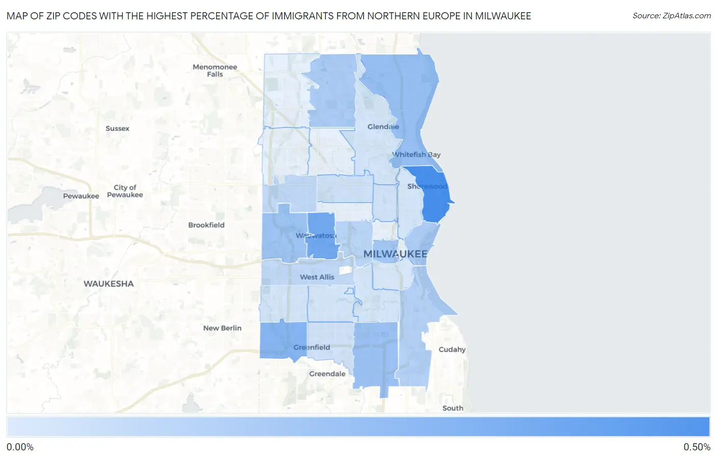 Zip Codes with the Highest Percentage of Immigrants from Northern Europe in Milwaukee Map