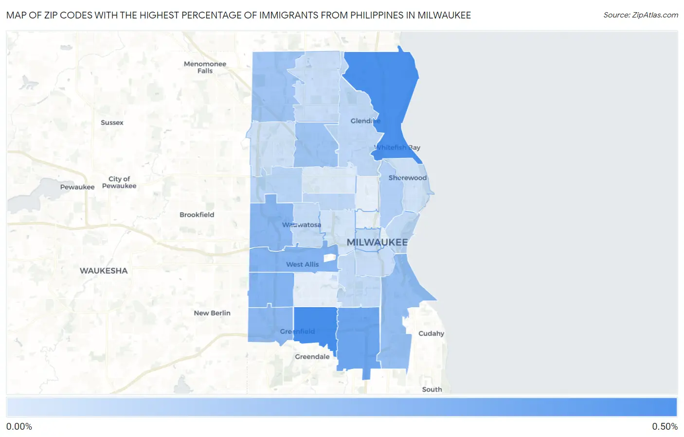 Zip Codes with the Highest Percentage of Immigrants from Philippines in Milwaukee Map