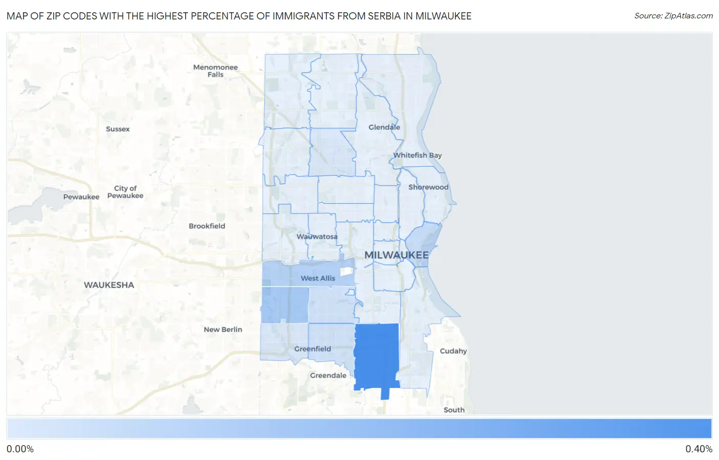 Zip Codes with the Highest Percentage of Immigrants from Serbia in Milwaukee Map