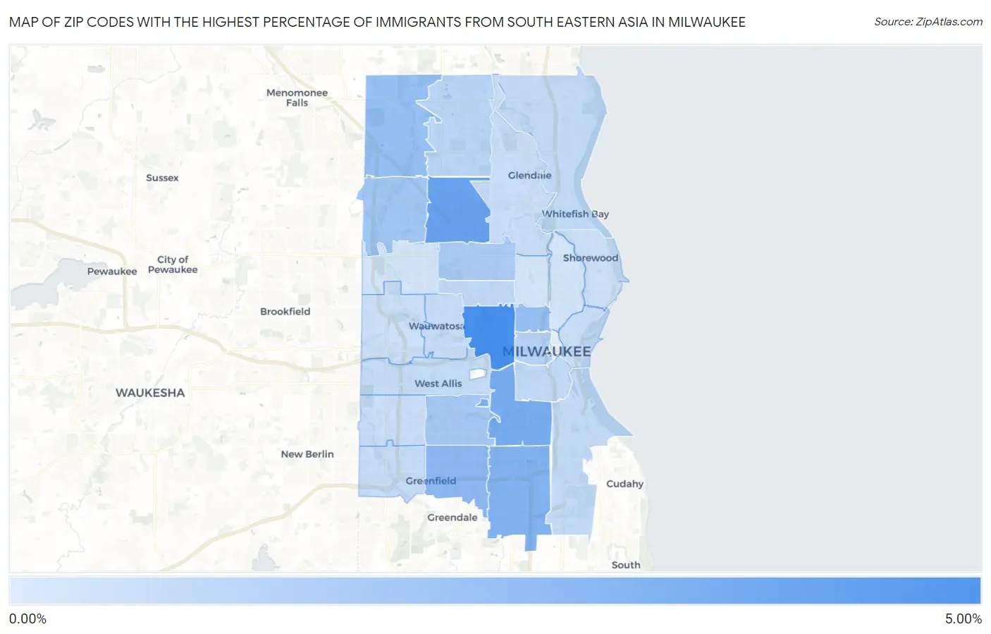 Zip Codes with the Highest Percentage of Immigrants from South Eastern Asia in Milwaukee Map