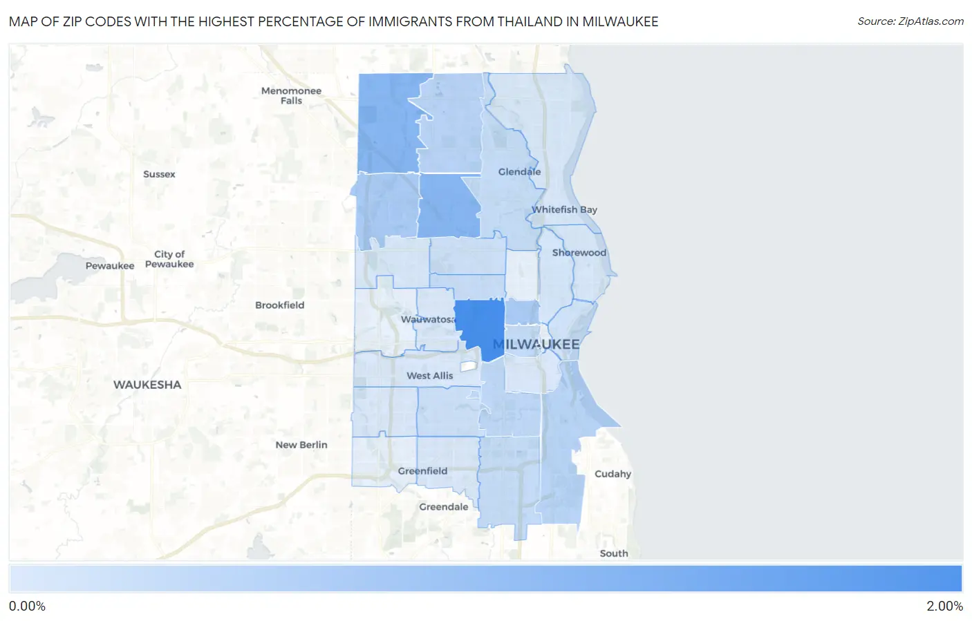 Zip Codes with the Highest Percentage of Immigrants from Thailand in Milwaukee Map