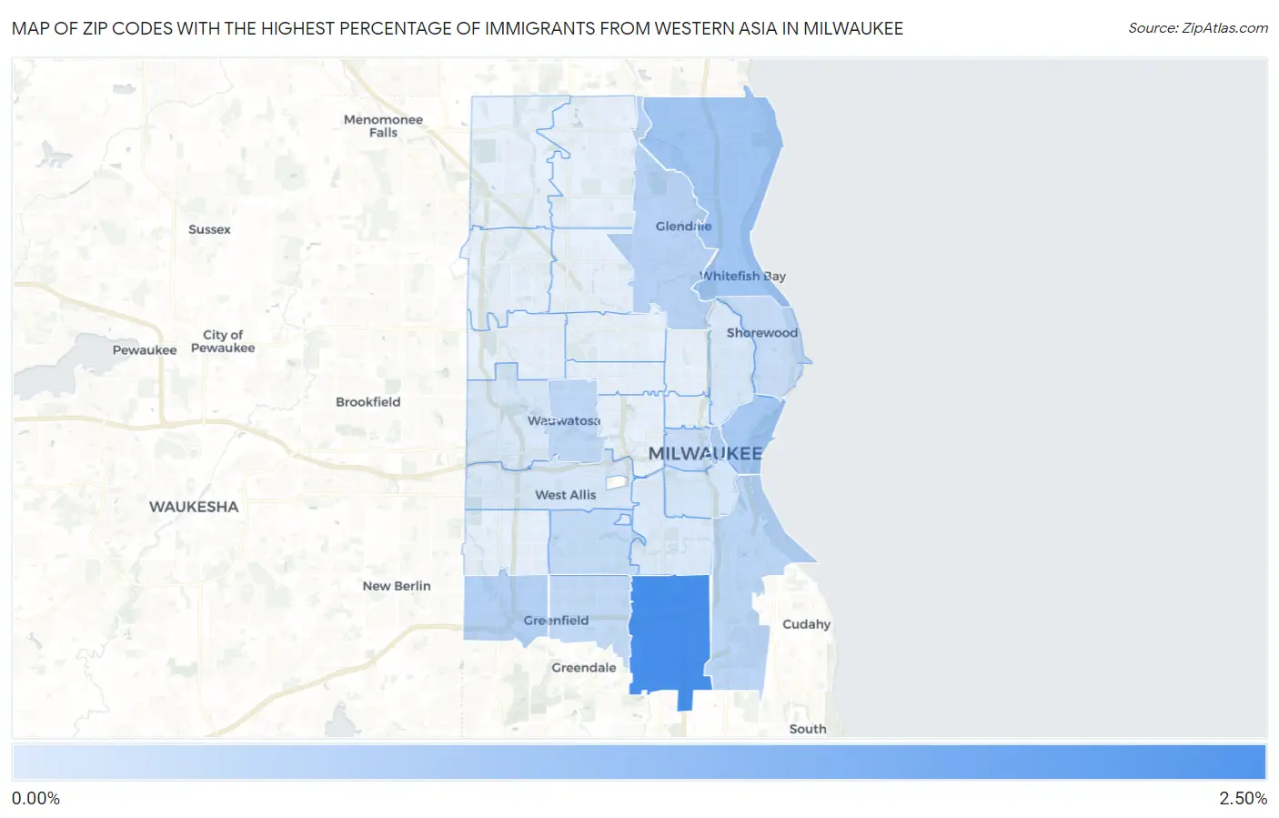 Zip Codes with the Highest Percentage of Immigrants from Western Asia in Milwaukee Map