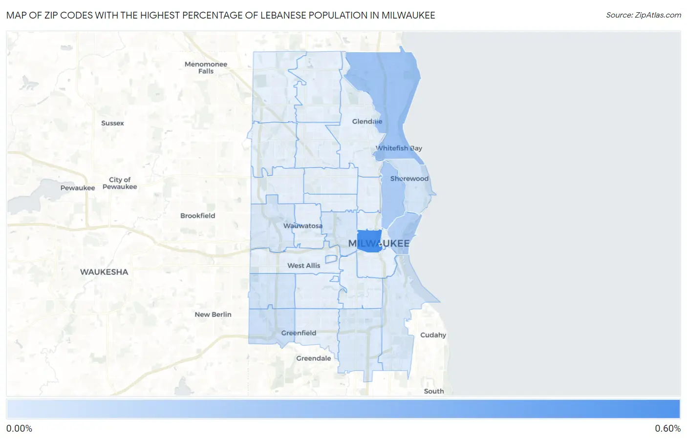 Zip Codes with the Highest Percentage of Lebanese Population in Milwaukee Map