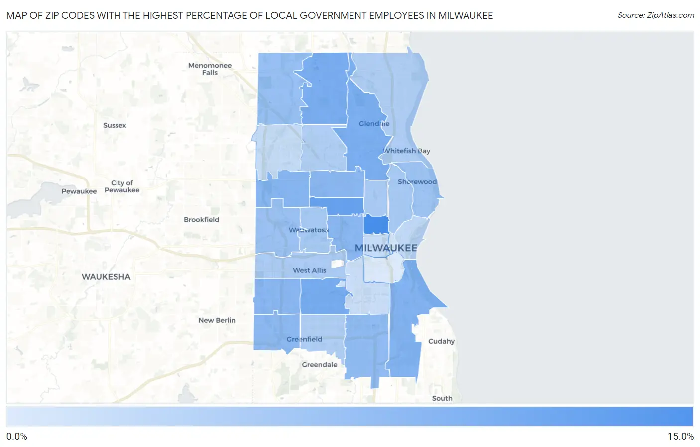 Zip Codes with the Highest Percentage of Local Government Employees in Milwaukee Map