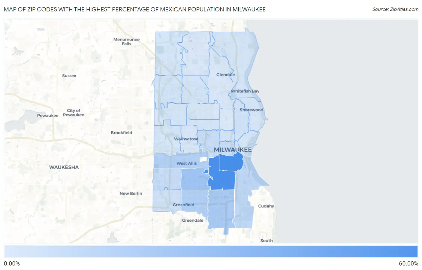 Zip Codes with the Highest Percentage of Mexican Population in Milwaukee Map