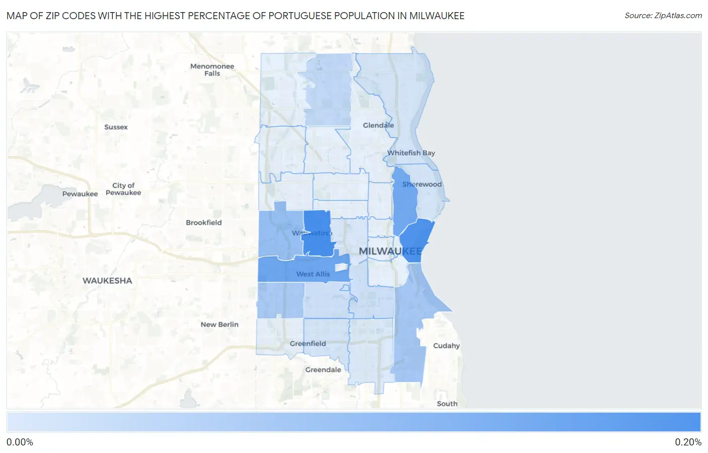 Zip Codes with the Highest Percentage of Portuguese Population in Milwaukee Map