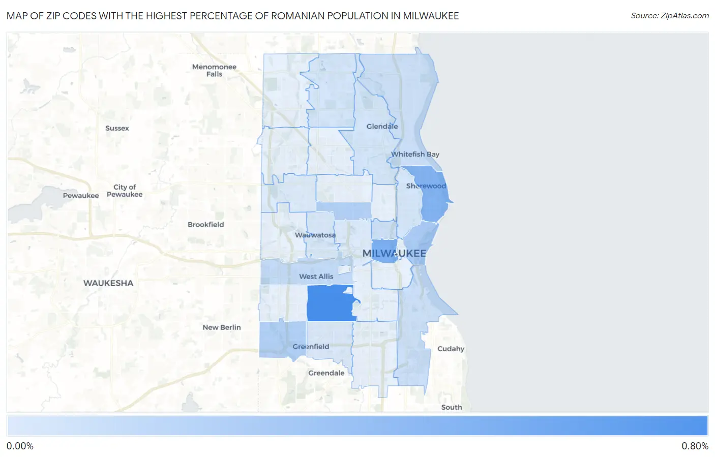 Zip Codes with the Highest Percentage of Romanian Population in Milwaukee Map
