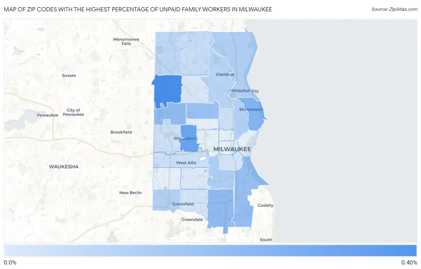 Zip Codes with the Highest Percentage of Unpaid Family Workers in Milwaukee Map