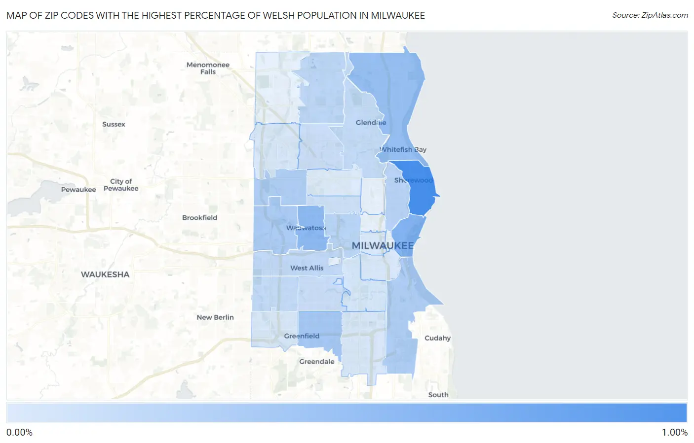 Zip Codes with the Highest Percentage of Welsh Population in Milwaukee Map