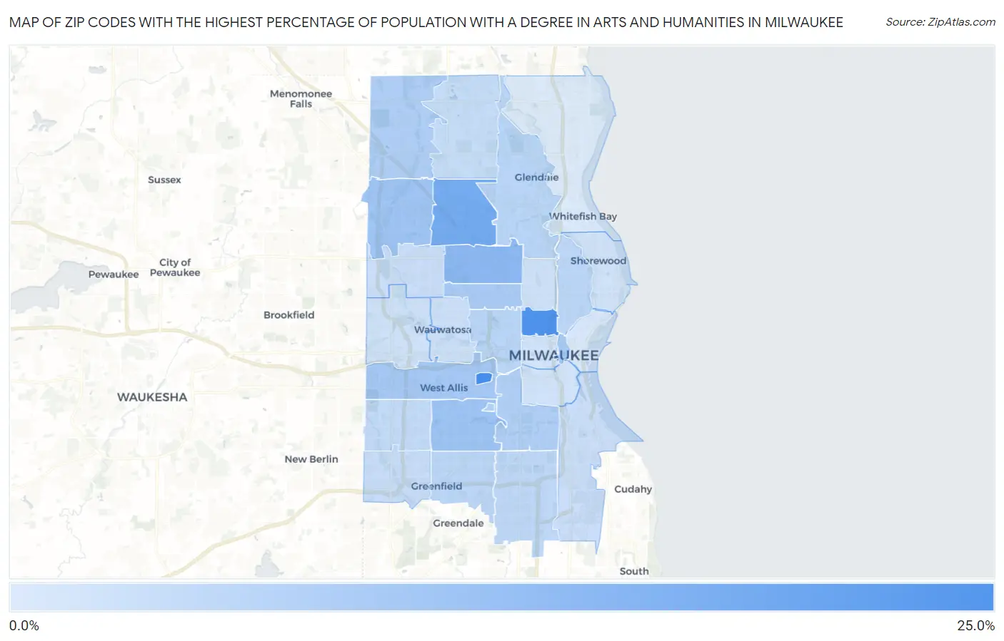 Zip Codes with the Highest Percentage of Population with a Degree in Arts and Humanities in Milwaukee Map