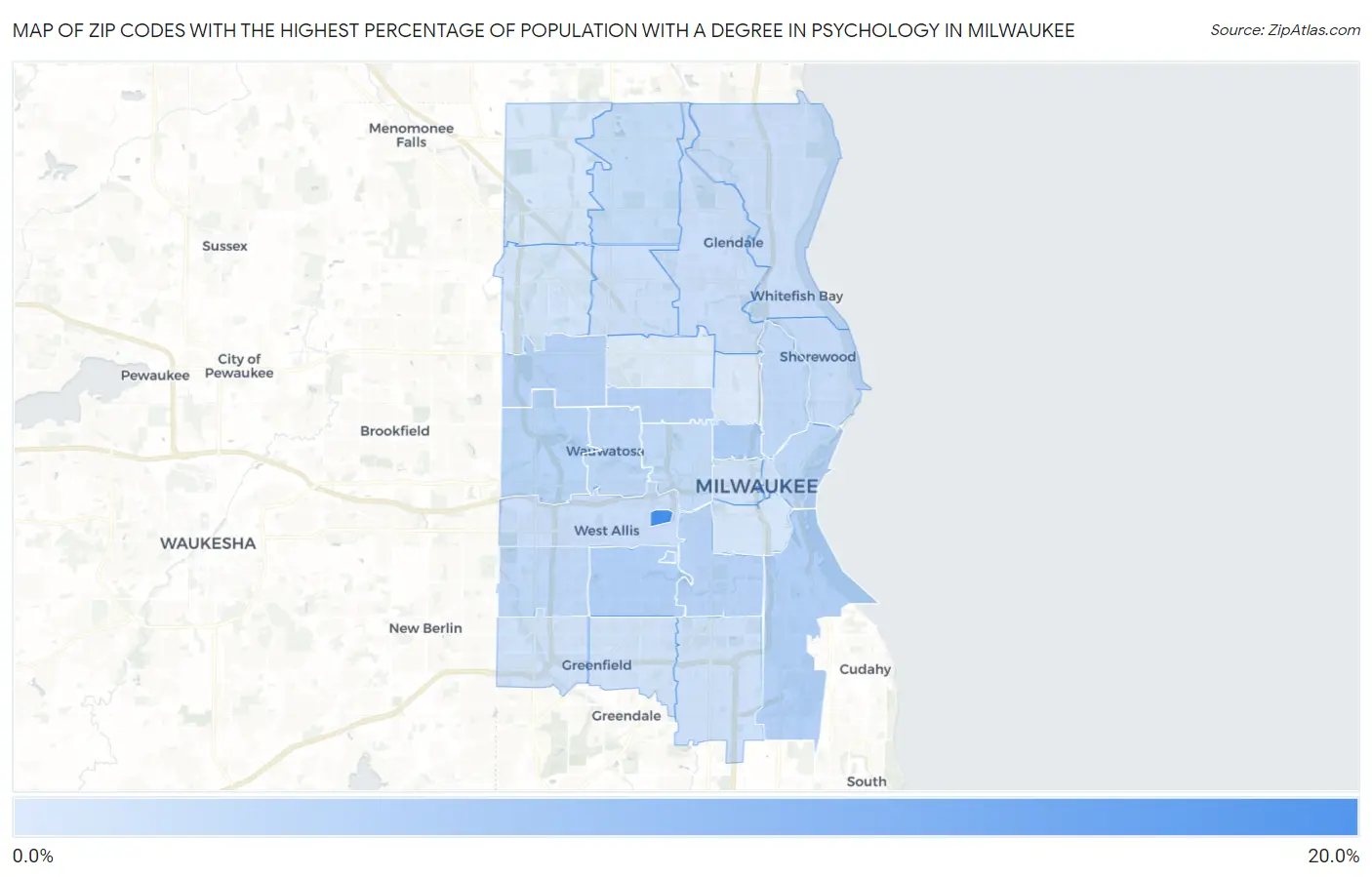 Zip Codes with the Highest Percentage of Population with a Degree in Psychology in Milwaukee Map