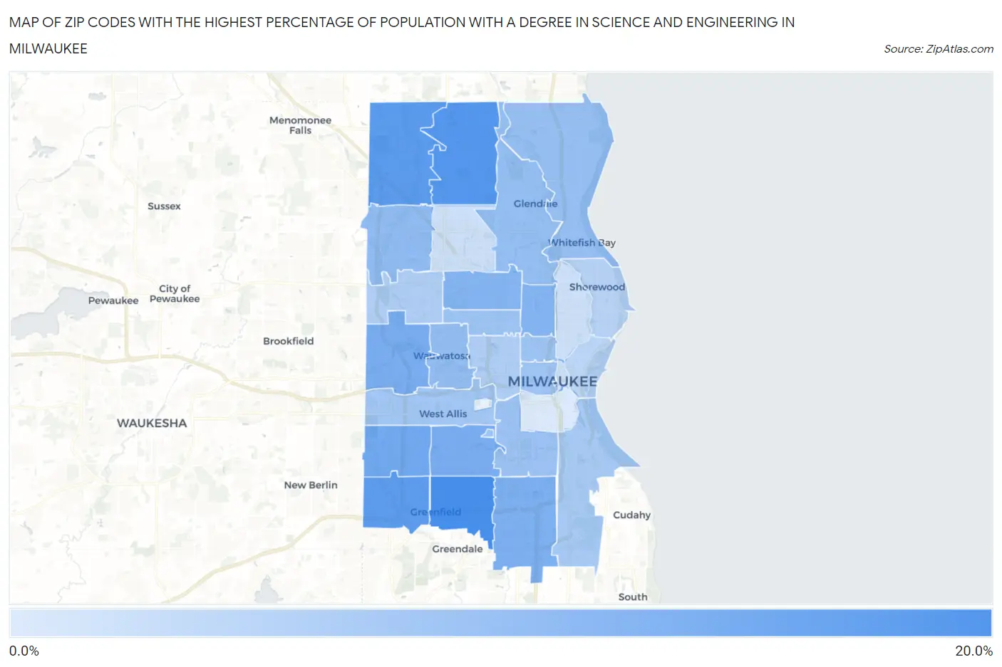 Zip Codes with the Highest Percentage of Population with a Degree in Science and Engineering in Milwaukee Map