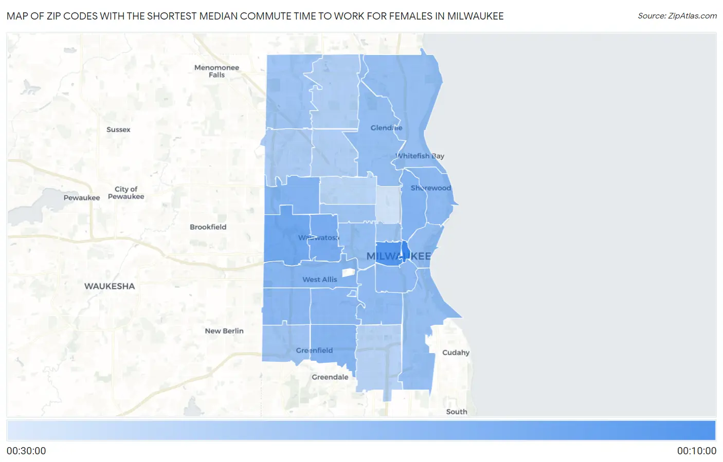 Zip Codes with the Shortest Median Commute Time to Work for Females in Milwaukee Map