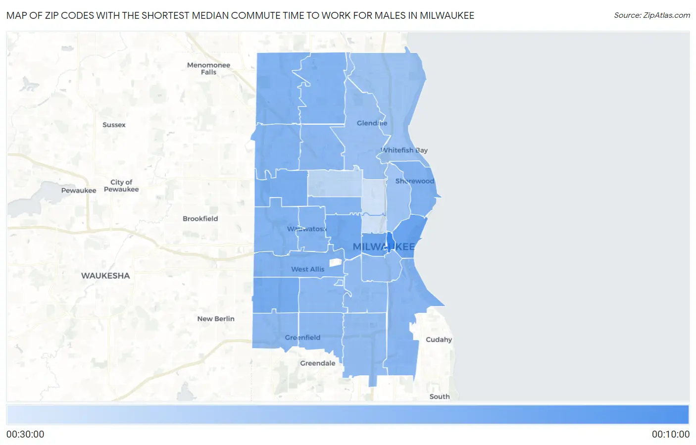 Zip Codes with the Shortest Median Commute Time to Work for Males in Milwaukee Map