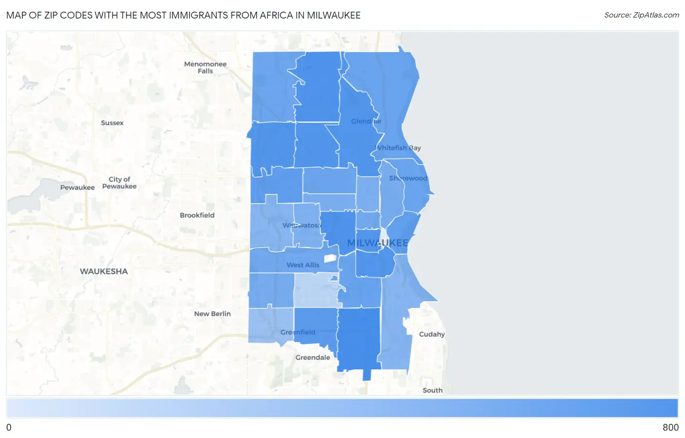Zip Codes with the Most Immigrants from Africa in Milwaukee Map