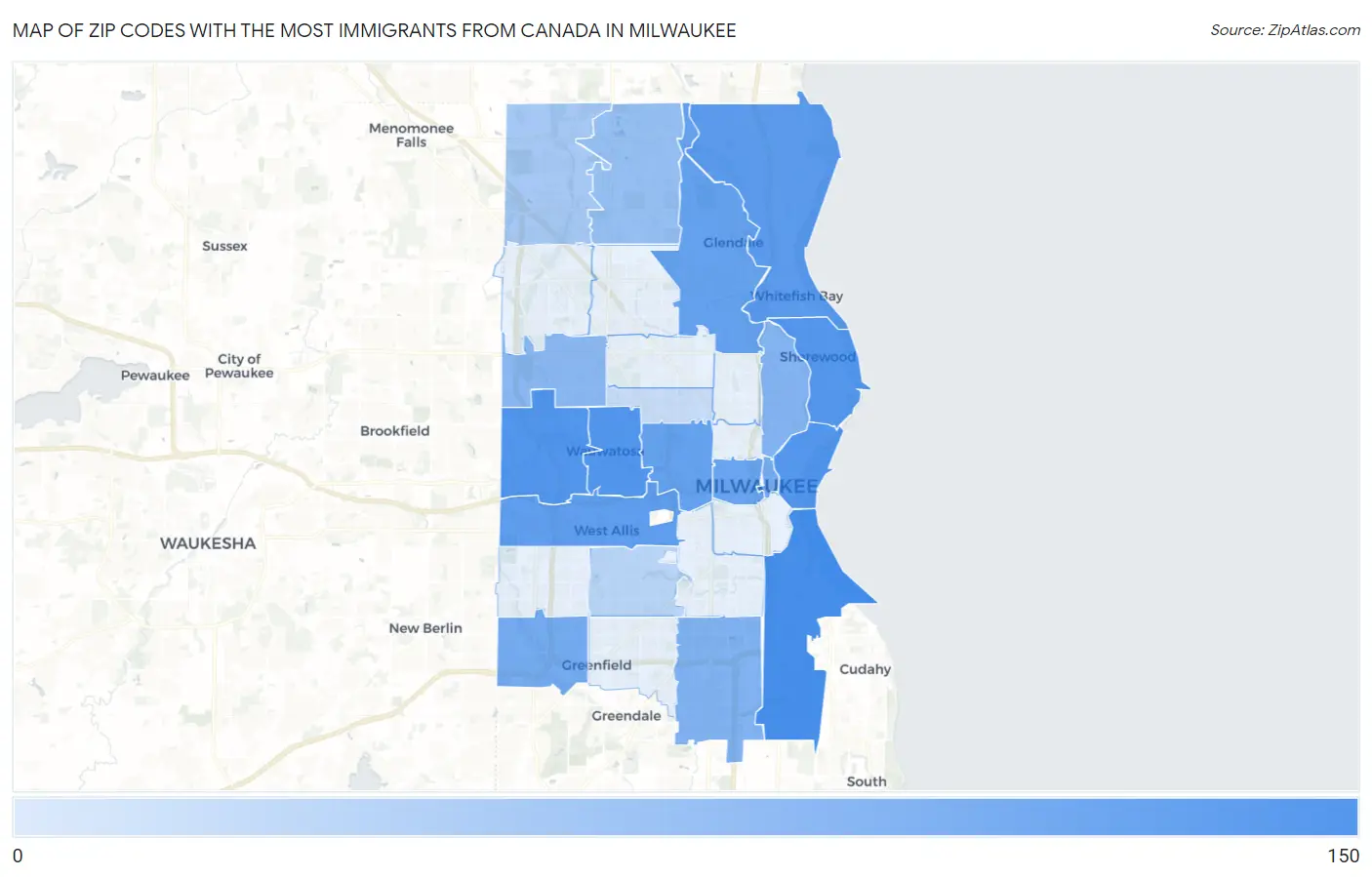 Zip Codes with the Most Immigrants from Canada in Milwaukee Map