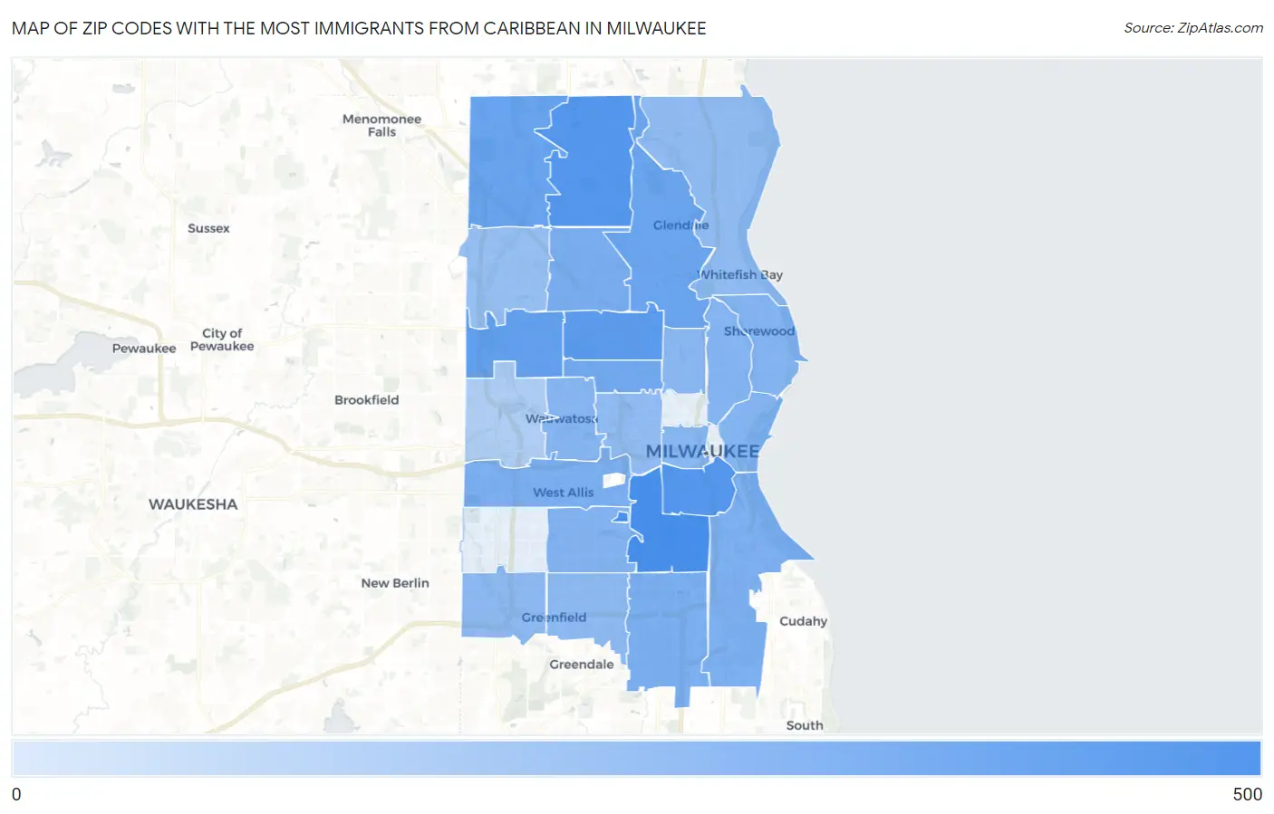 Zip Codes with the Most Immigrants from Caribbean in Milwaukee Map
