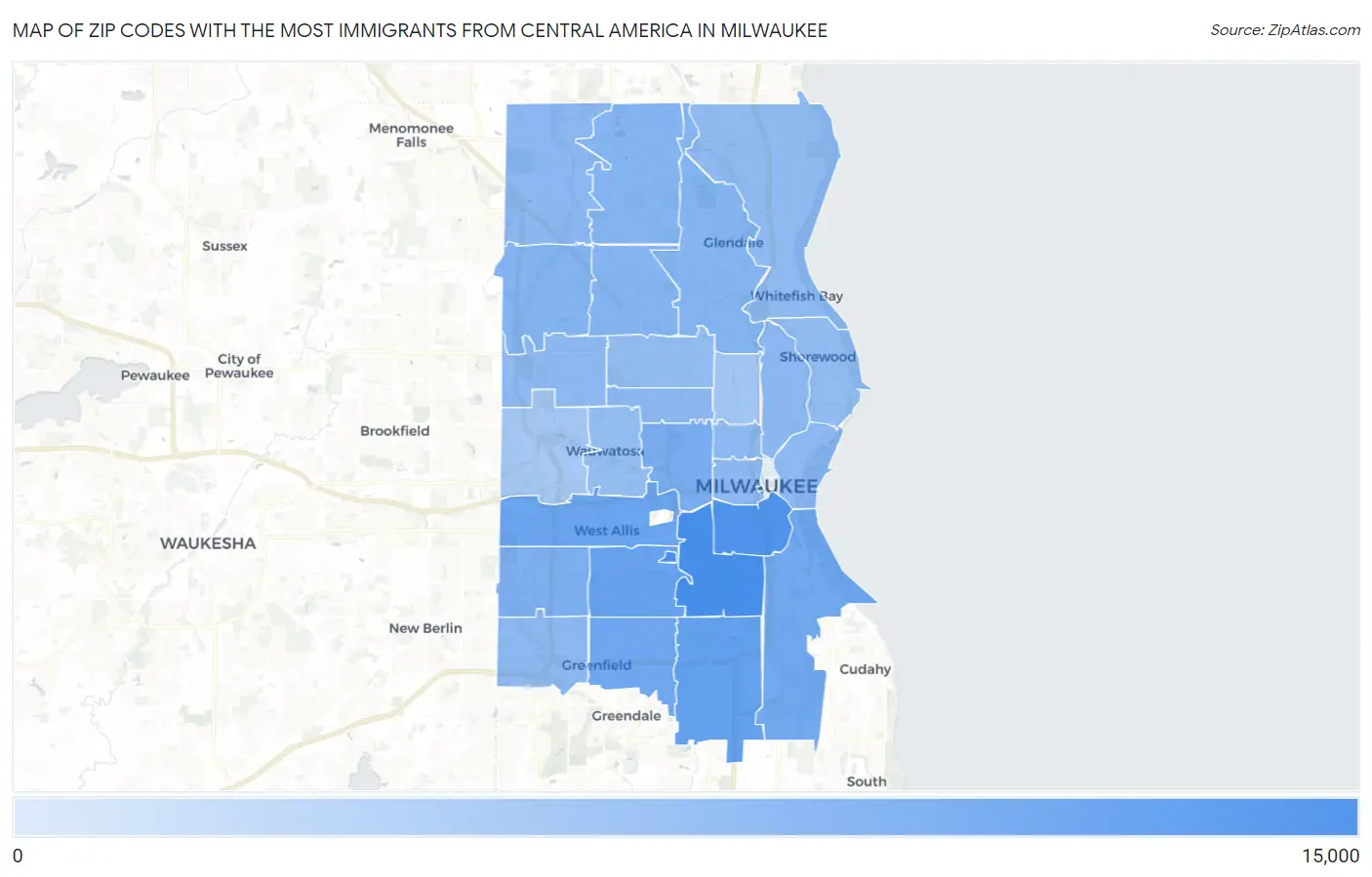 Zip Codes with the Most Immigrants from Central America in Milwaukee Map