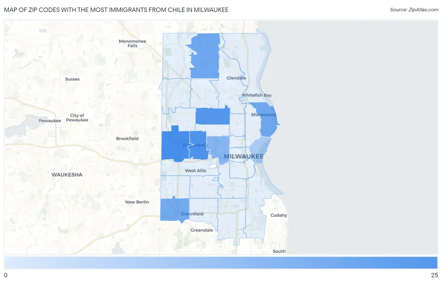 Zip Codes with the Most Immigrants from Chile in Milwaukee Map