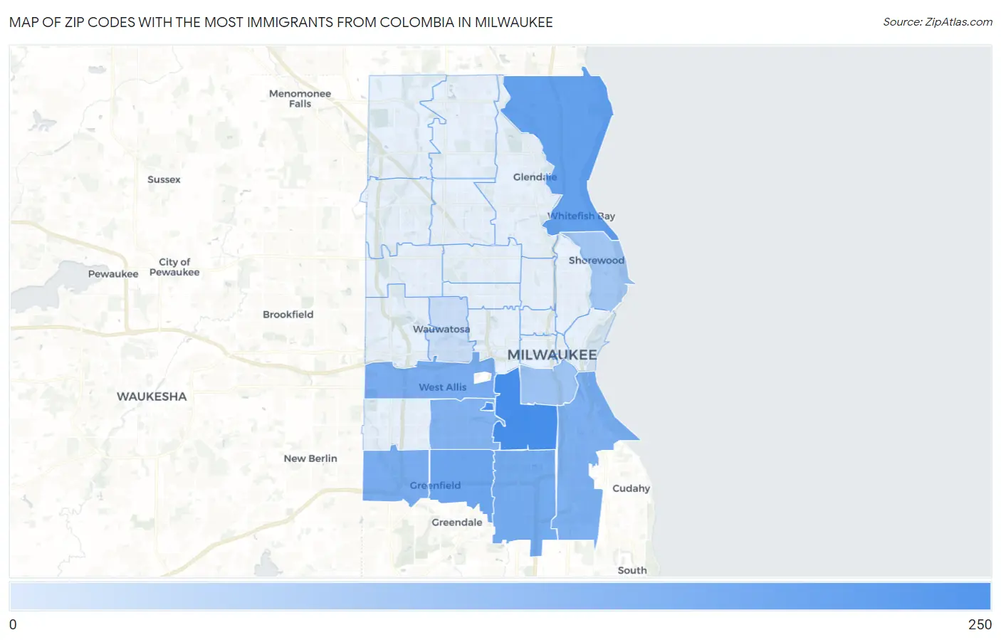 Zip Codes with the Most Immigrants from Colombia in Milwaukee Map