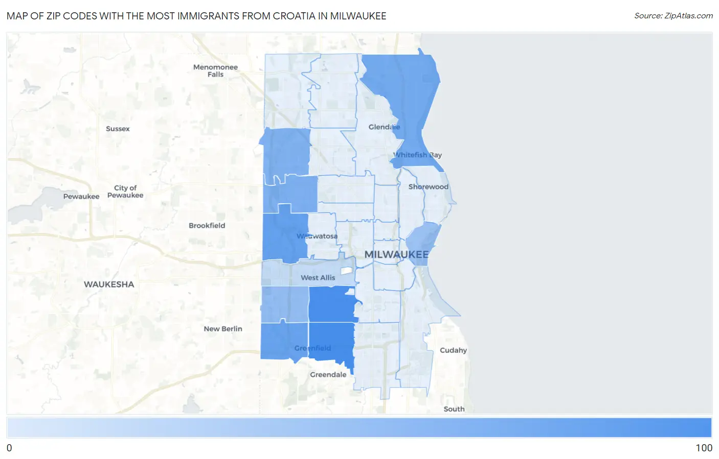 Zip Codes with the Most Immigrants from Croatia in Milwaukee Map