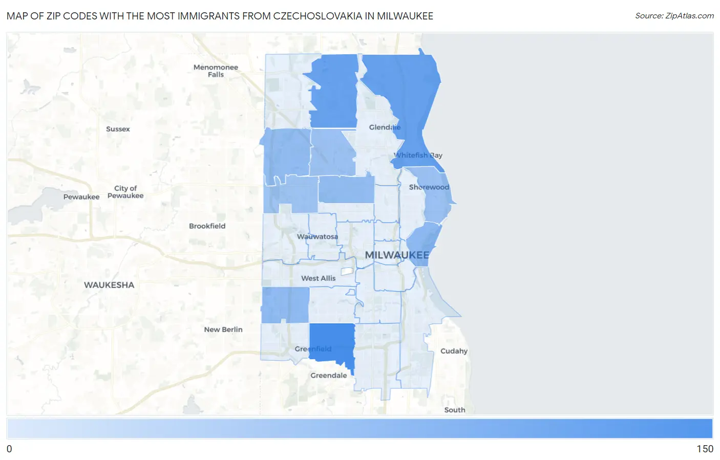 Zip Codes with the Most Immigrants from Czechoslovakia in Milwaukee Map