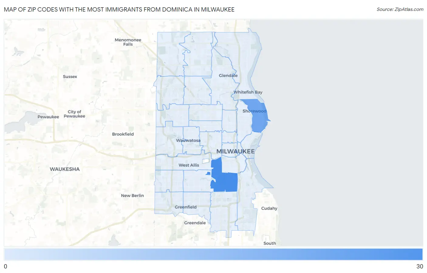 Zip Codes with the Most Immigrants from Dominica in Milwaukee Map