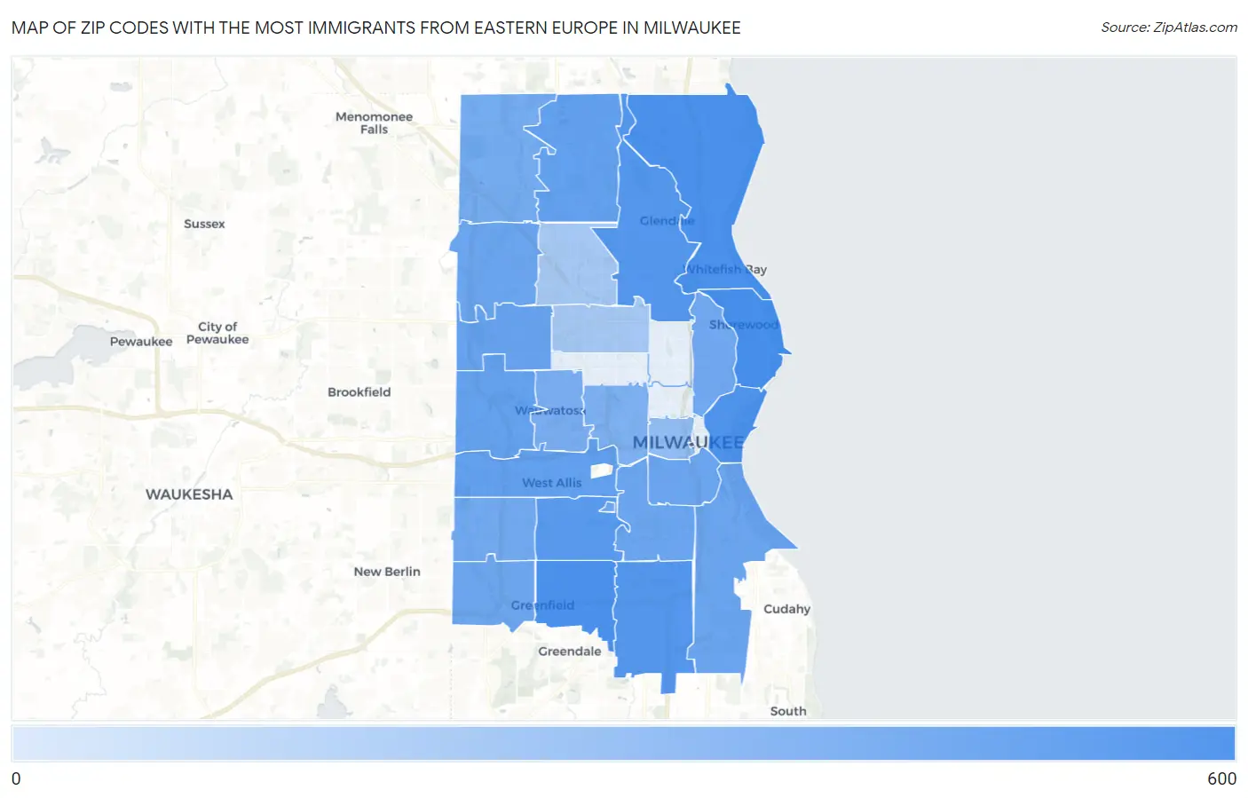 Zip Codes with the Most Immigrants from Eastern Europe in Milwaukee Map