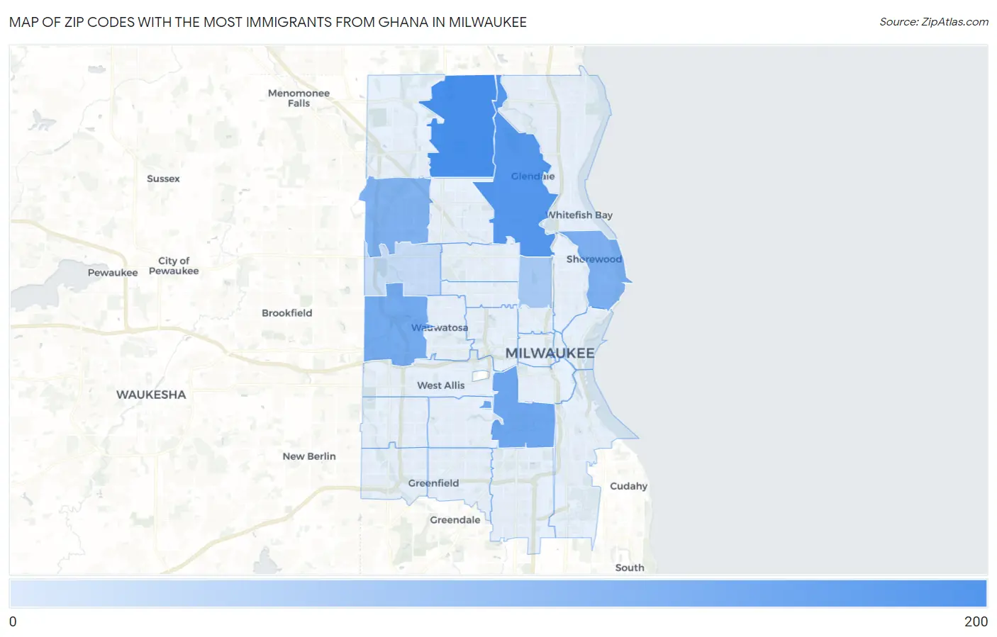 Zip Codes with the Most Immigrants from Ghana in Milwaukee Map