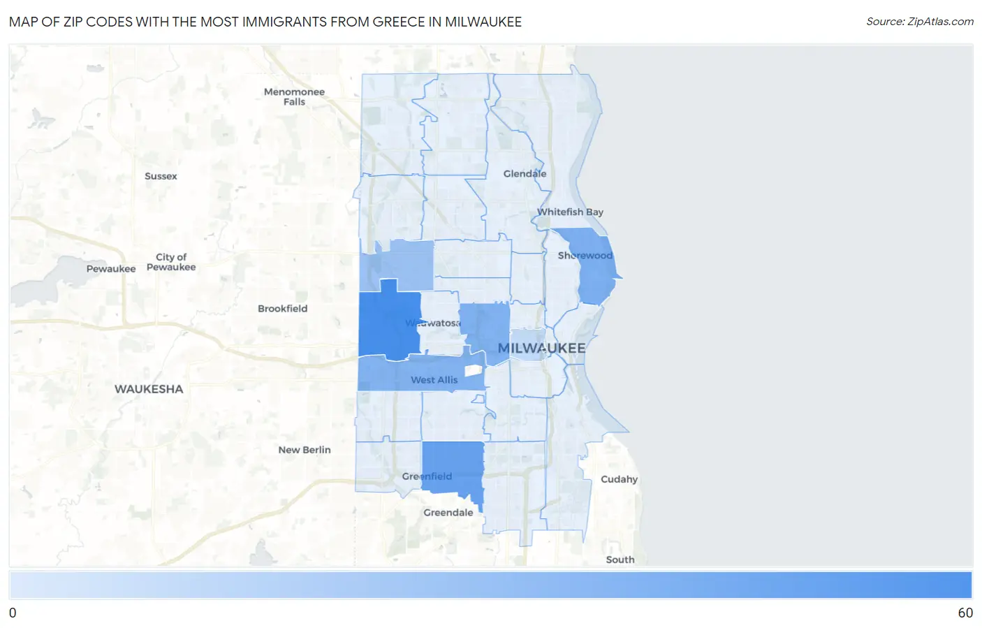 Zip Codes with the Most Immigrants from Greece in Milwaukee Map