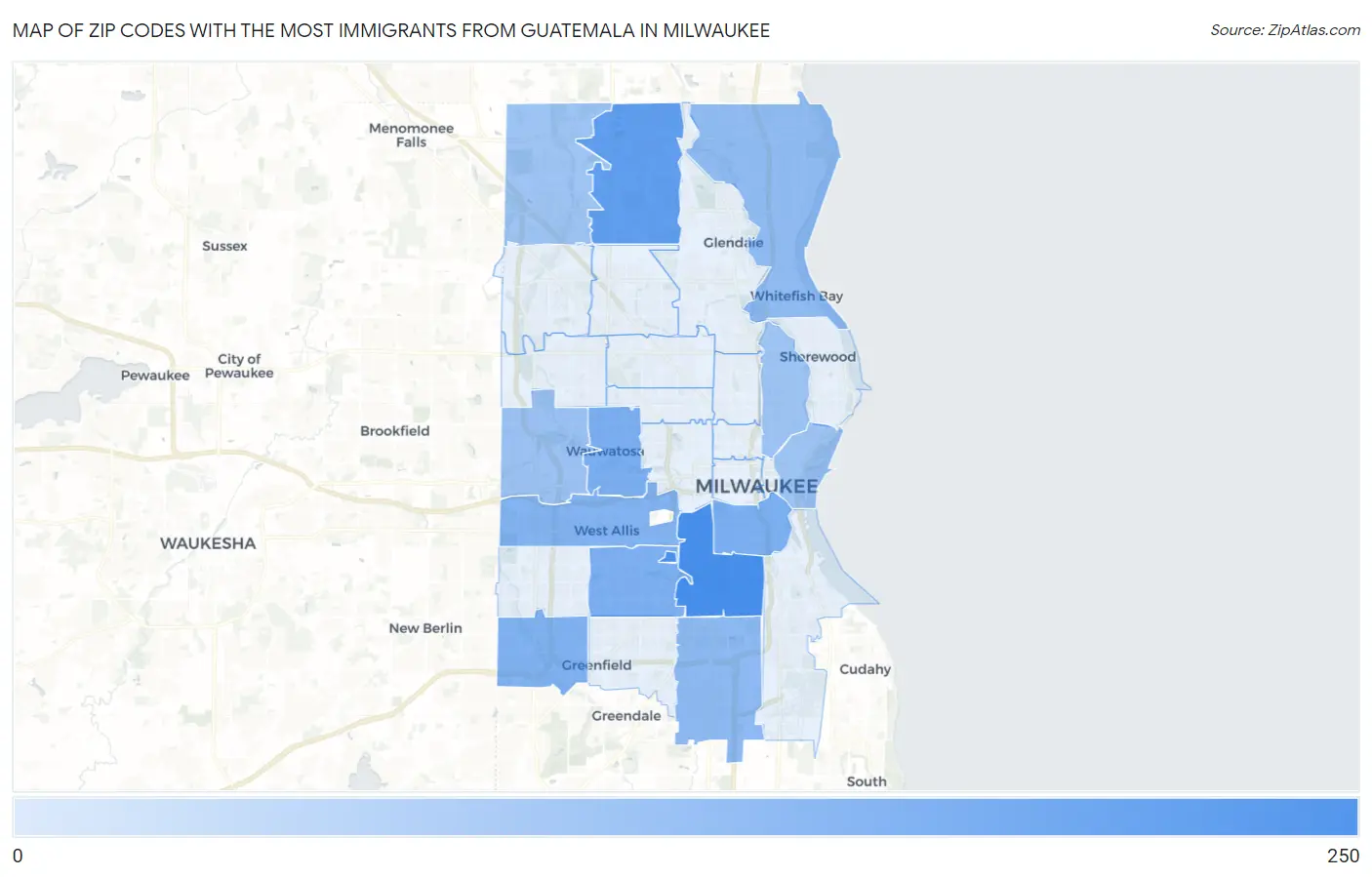 Zip Codes with the Most Immigrants from Guatemala in Milwaukee Map