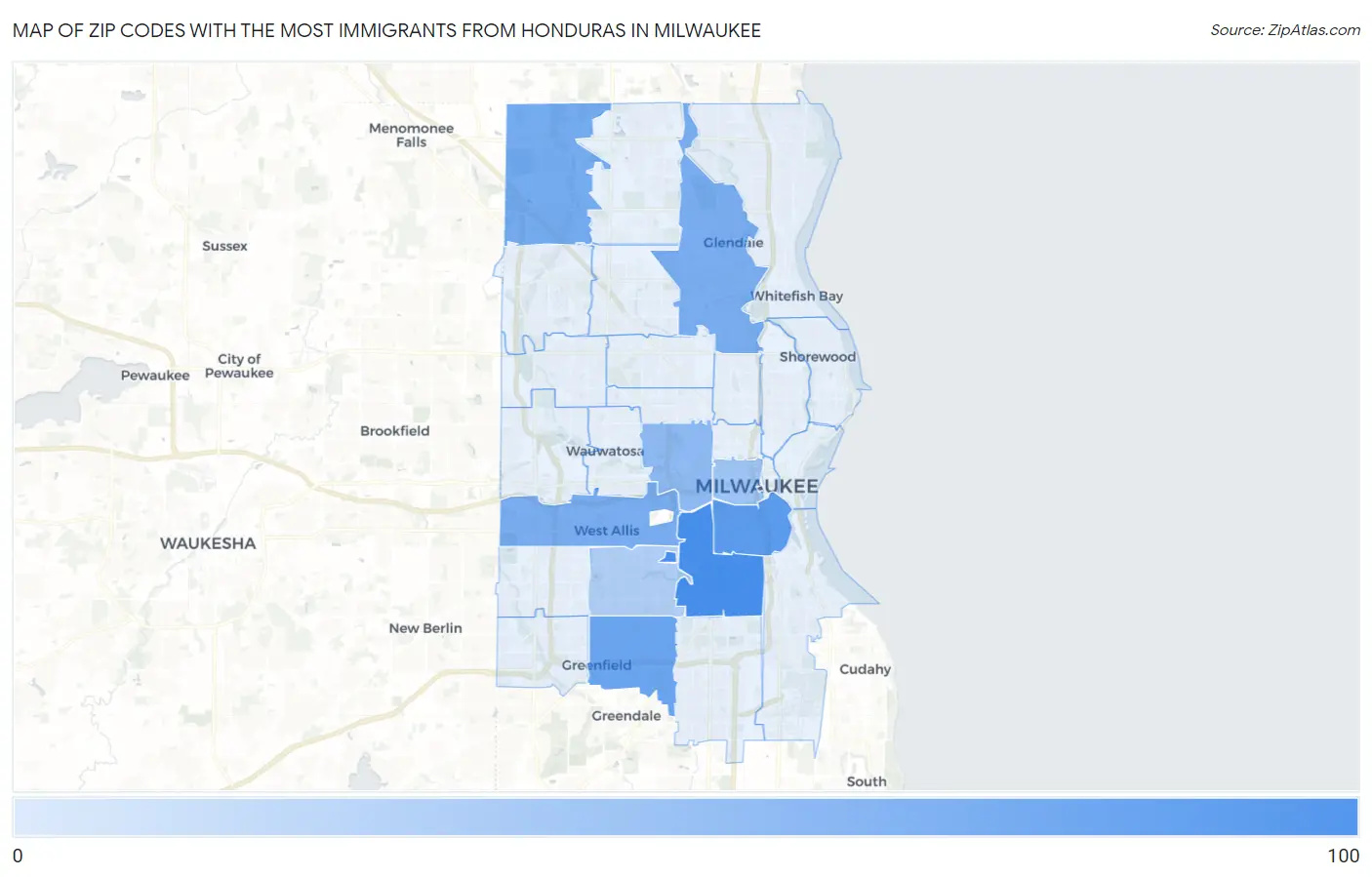 Zip Codes with the Most Immigrants from Honduras in Milwaukee Map