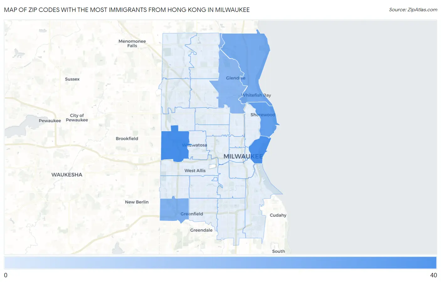 Zip Codes with the Most Immigrants from Hong Kong in Milwaukee Map
