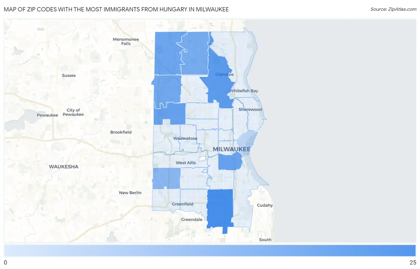 Zip Codes with the Most Immigrants from Hungary in Milwaukee Map