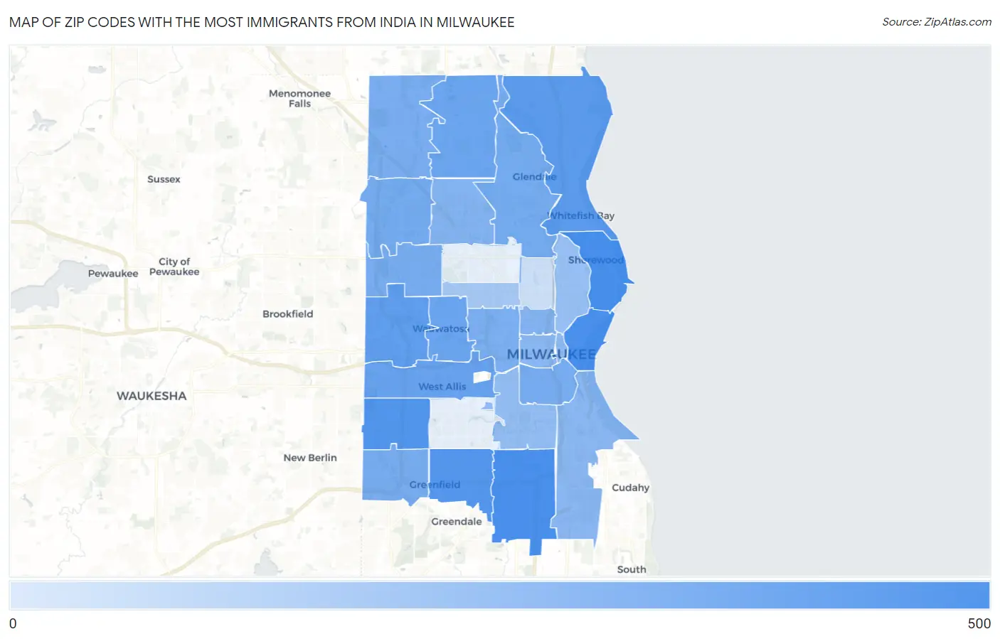 Zip Codes with the Most Immigrants from India in Milwaukee Map