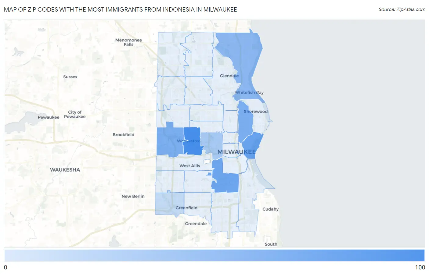 Zip Codes with the Most Immigrants from Indonesia in Milwaukee Map